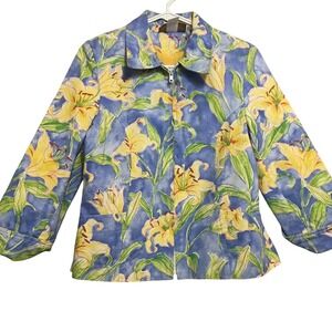 Painted Pony‎ Women's Medium Floral Lily Jacket Zip Front Unique USA Blue Yellow